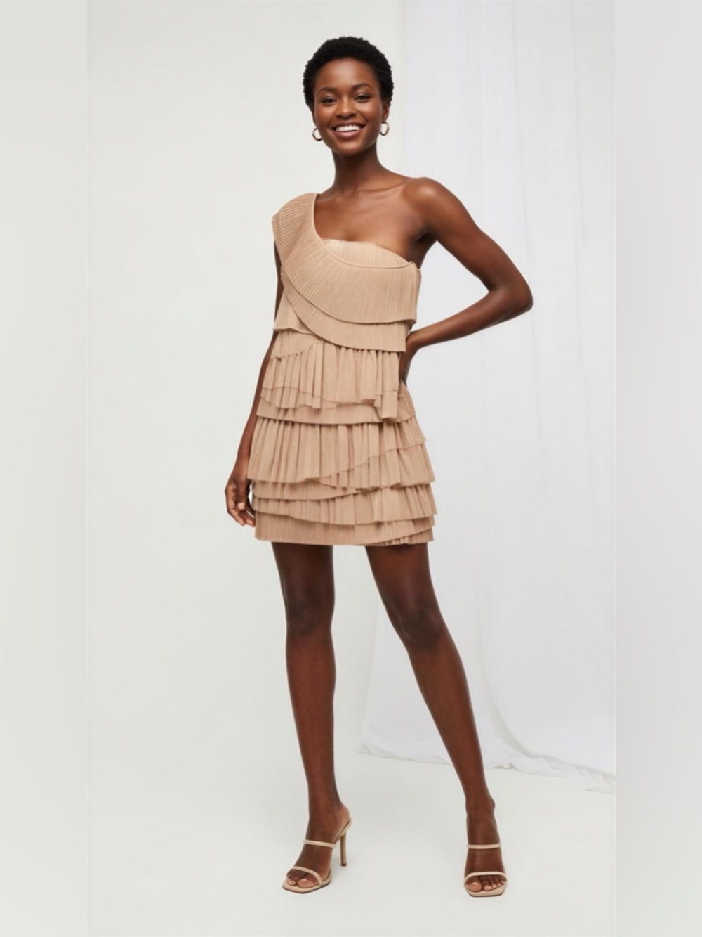 BCBGMaxAzria One-Shoulder Nude Ruffle Dress Nude